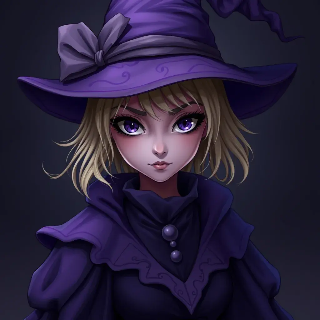 Matte portrait of a mysterious kiki the witch in purple, Intricate, Half Body, Sharp Focus, Anime, Elegant