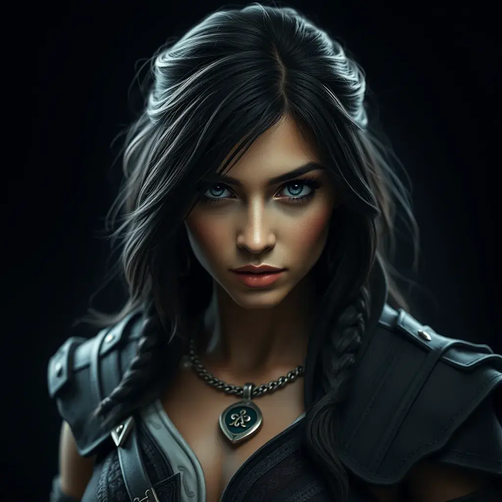 Matte portrait of the beautiful Kassandra from Assassins Creed in black, Highly Detailed, Intricate, Realistic, Sharp Focus, Volumetric Lighting, Fantasy, Elegant