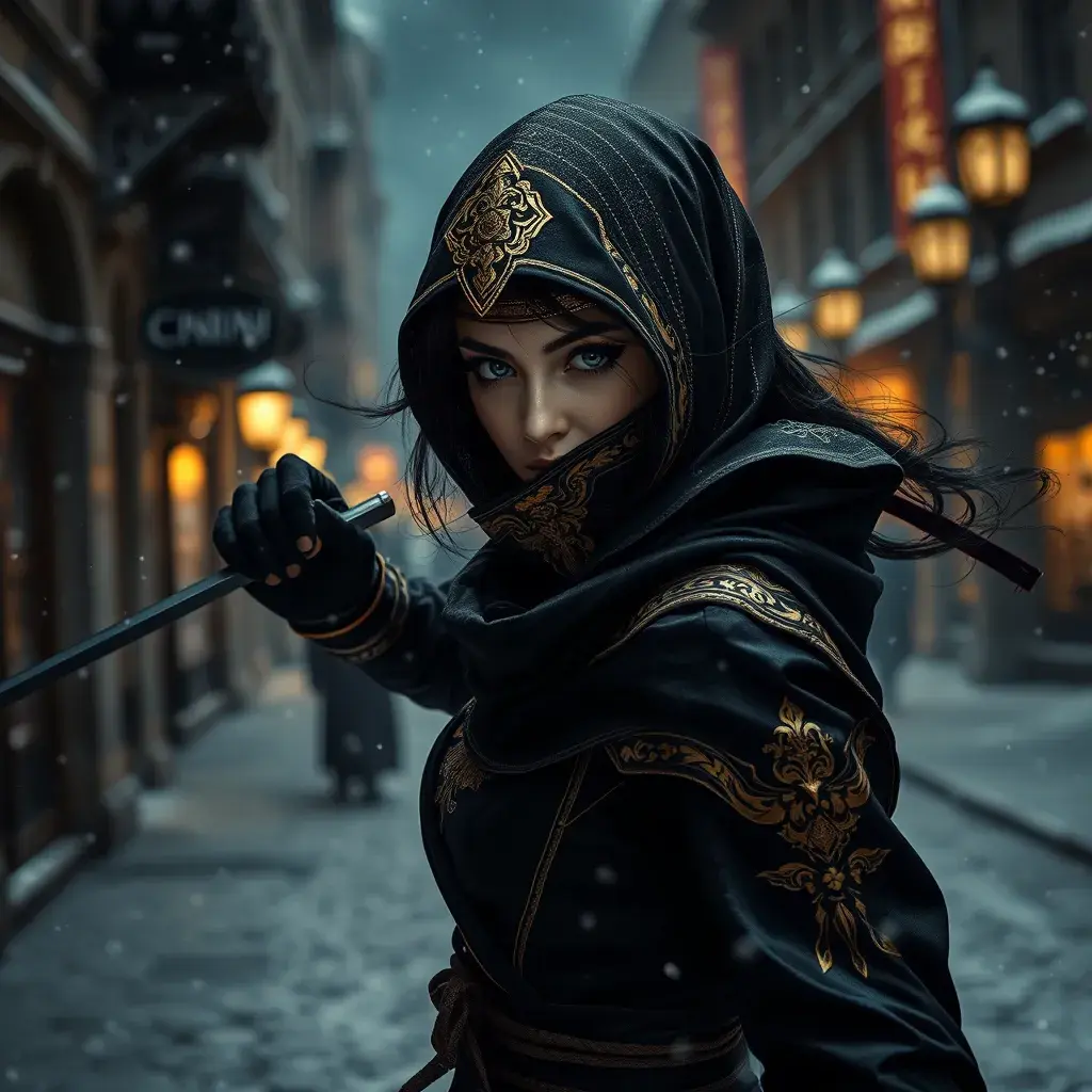 A mysterious beautiful kunoichi ninja in black and gold with eyeliner in the streets of a dark snowy town in moscow, fluid motion, Intricate, Half Body, Realistic, Sharp Focus, Volumetric Lighting, Elegant