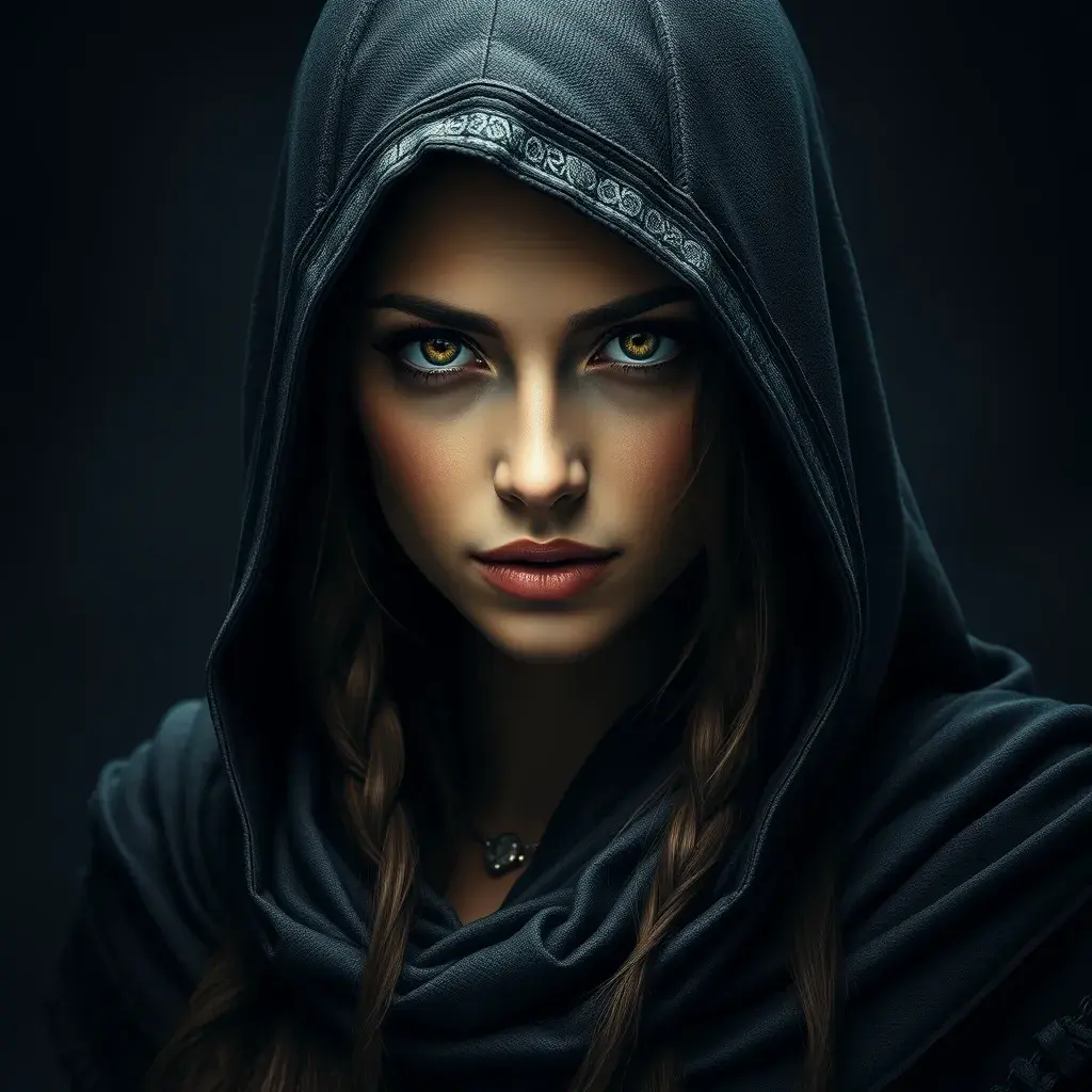 Matte portrait of the beautiful Kassandra from Assassins Creed in black, Highly Detailed, Intricate, Realistic, Sharp Focus, Volumetric Lighting, Fantasy, Elegant