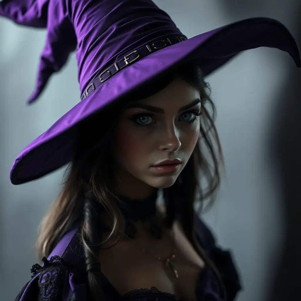 Matte portrait of a mysterious kiki the witch in purple, Intricate, Half Body, Sharp Focus, Volumetric Lighting, Elegant