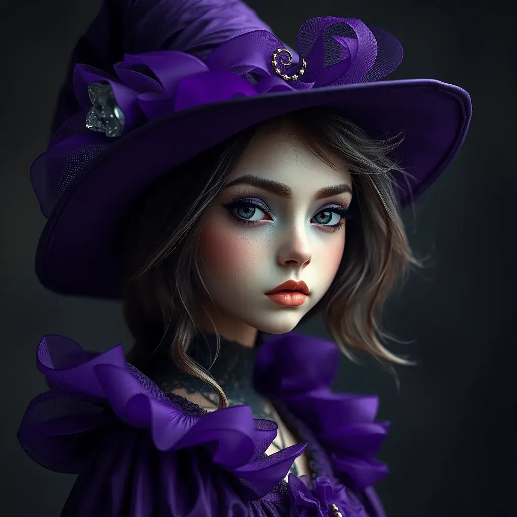 Matte portrait of a mysterious kiki the witch in purple, Intricate, Half Body, Sharp Focus, Elegant