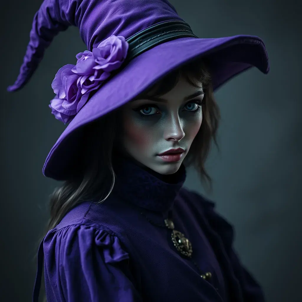 Matte portrait of a mysterious kiki the witch in purple, Intricate, Half Body, Realistic, Sharp Focus, Volumetric Lighting, Elegant by Stefan Kostic