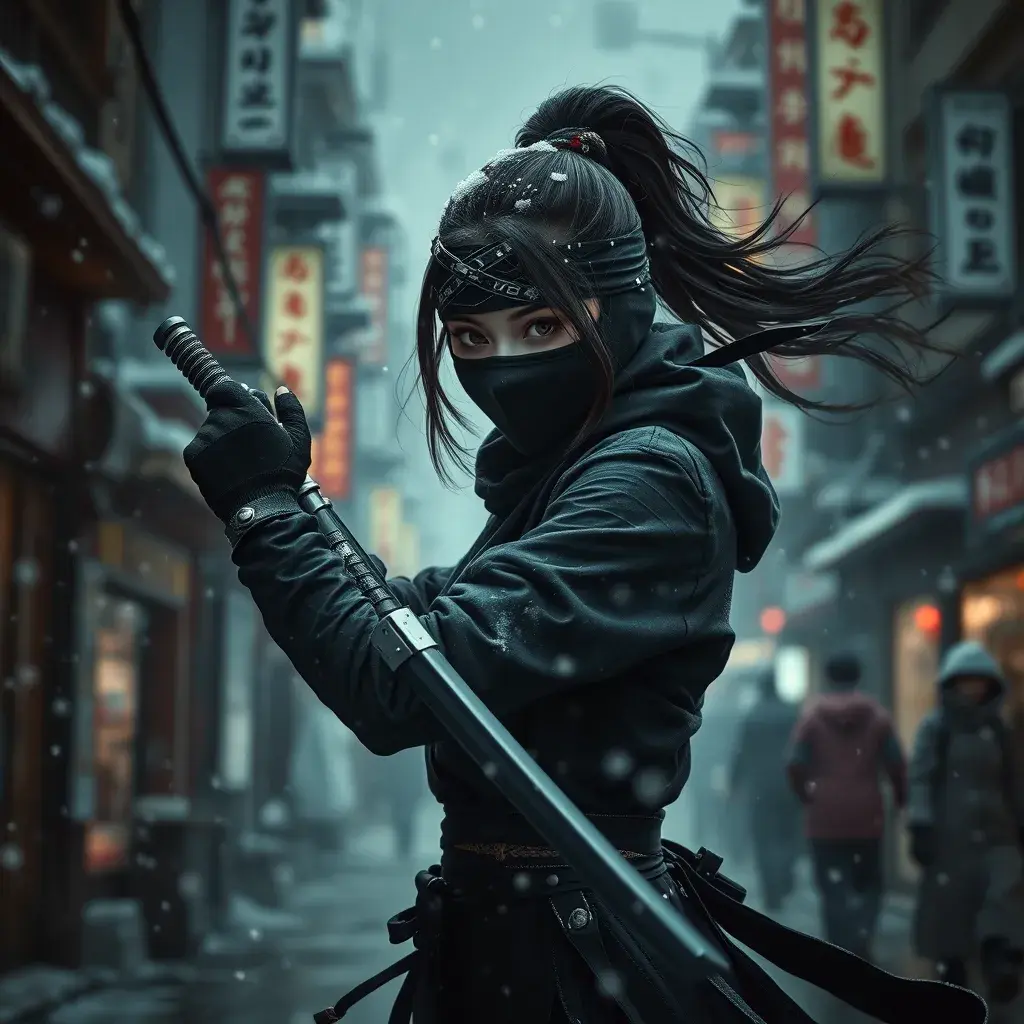 A mysterious beautiful armed kunoichi ninja wearing eyeliner in the streets of a dark snowy town in tokyo, fluid motion, Intricate, Half Body, Realistic, Sharp Focus, Volumetric Lighting, Elegant