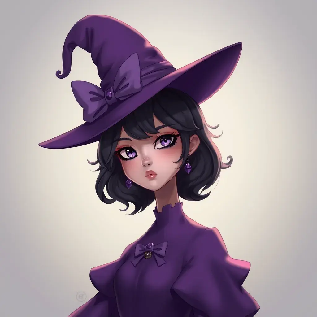 Matte portrait of a mysterious kiki the witch in purple, Intricate, Half Body, Sharp Focus, Anime, Elegant