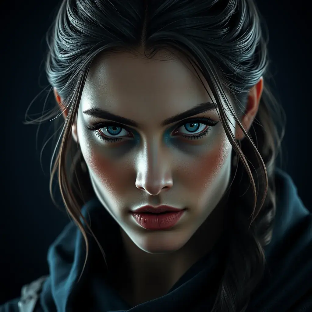 Matte portrait of the beautiful Kassandra from Assassins Creed in dark blue, Highly Detailed, Intricate, Realistic, Sharp Focus, Volumetric Lighting, Fantasy, Elegant