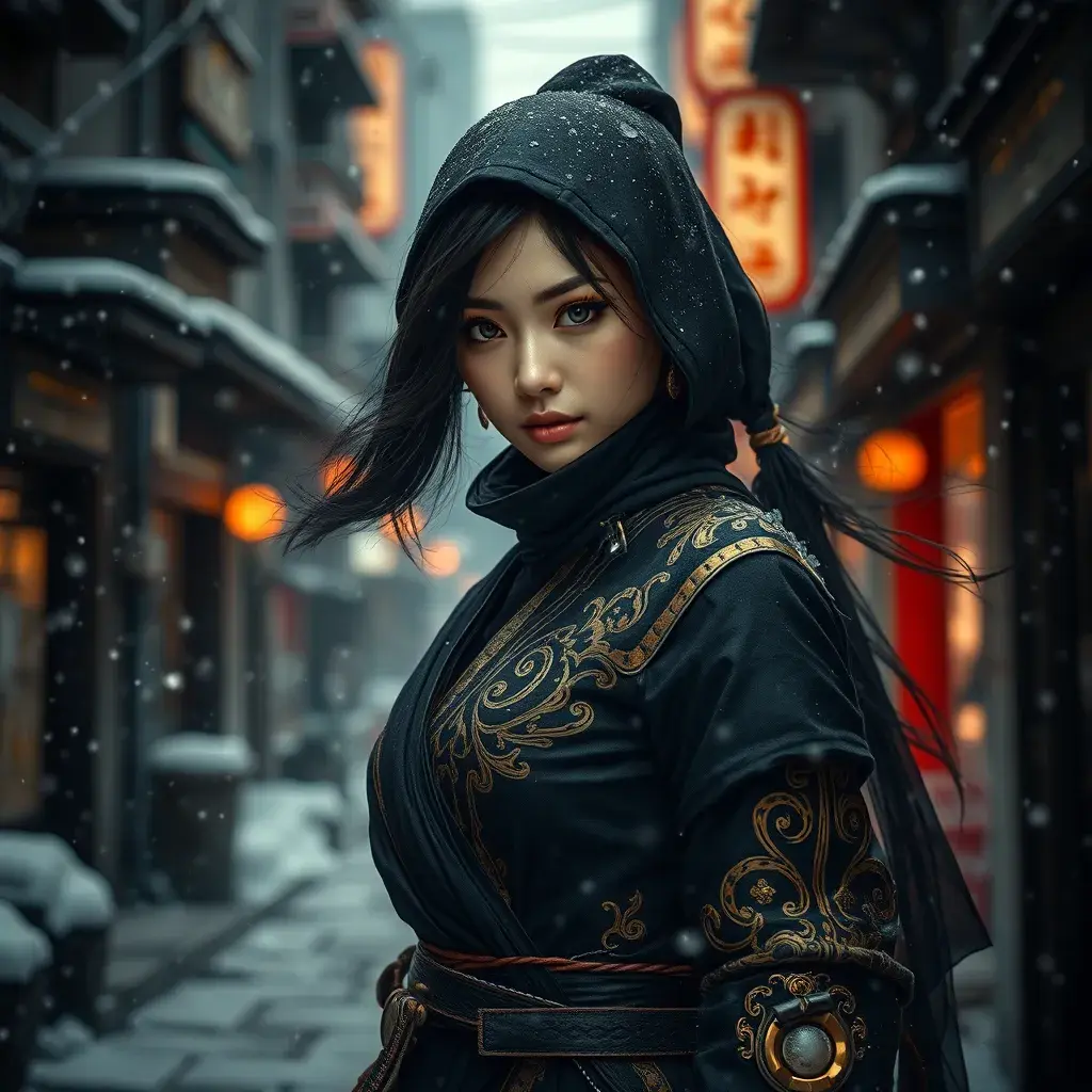 Matte portrait of a mysterious beautiful kunoichi ninja in black and gold wearing eyeliner in the streets of a dark snowy town in tokyo, fluid motion, Intricate, Half Body, Realistic, Sharp Focus, Volumetric Lighting, Elegant