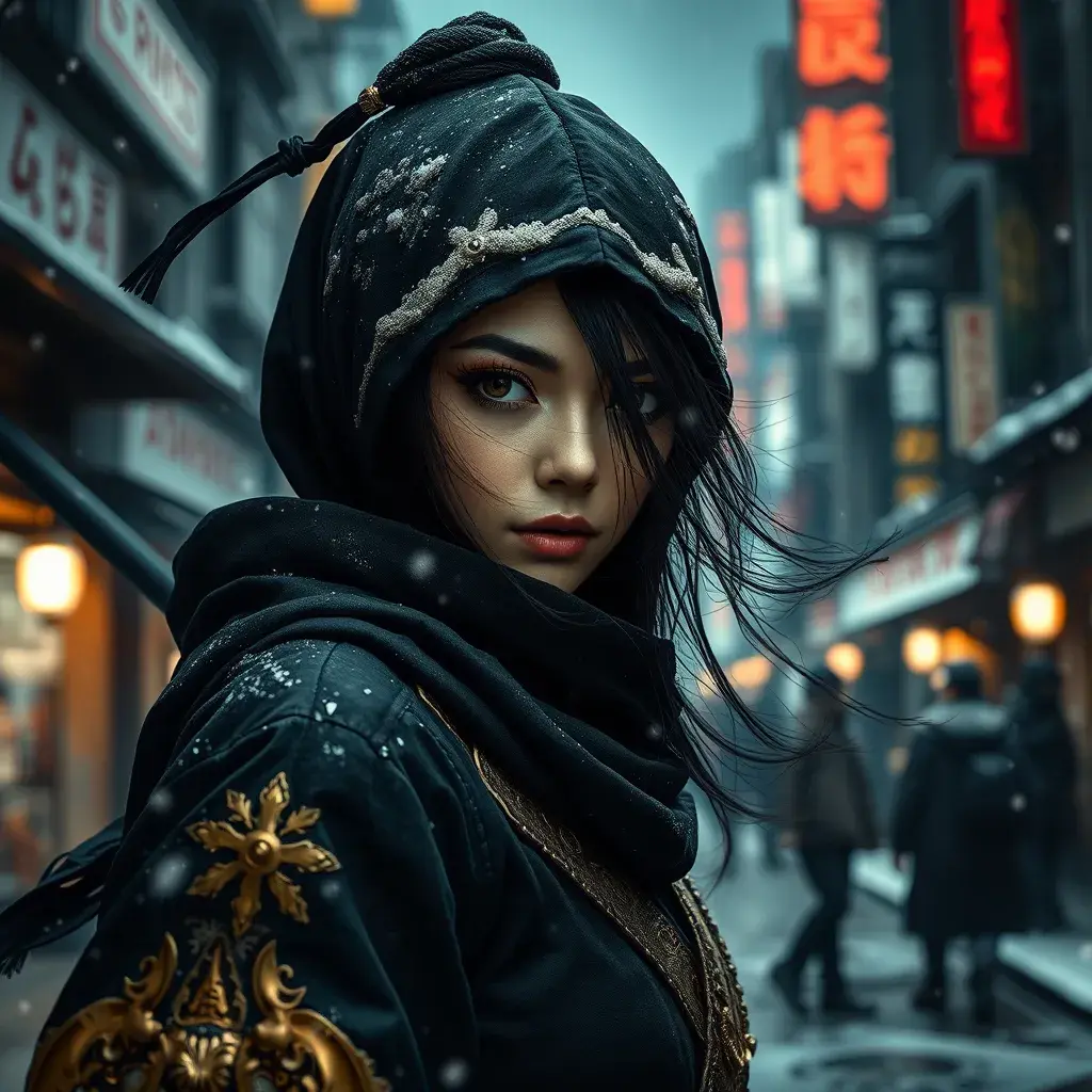 Matte portrait of a mysterious beautiful kunoichi ninja in black and gold wearing eyeliner in the streets of a dark snowy town in tokyo, fluid motion, Intricate, Half Body, Realistic, Sharp Focus, Volumetric Lighting, Elegant by Stefan Kostic