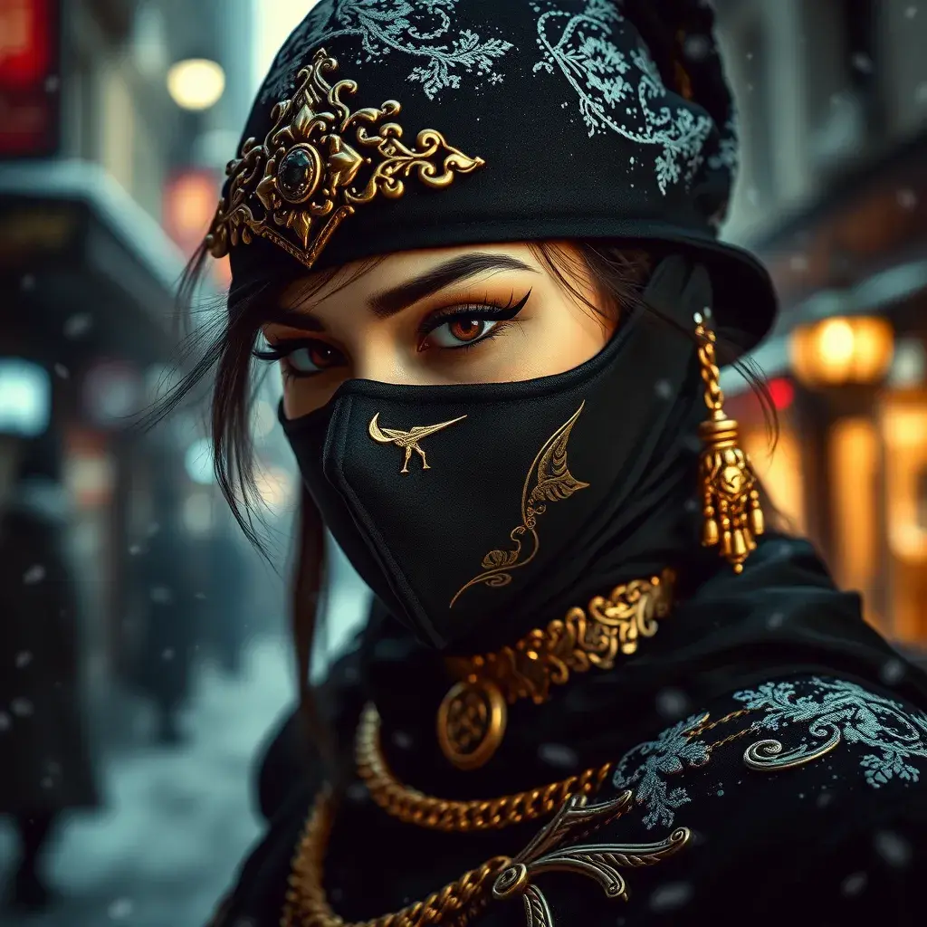 A mysterious beautiful masked kunoichi ninja wearing eyeliner and gold jewelry in the streets of a dark snowy town in moscow, fluid motion, Highly Detailed, Intricate, Realistic, Sharp Focus, Volumetric Lighting, Fantasy, Elegant