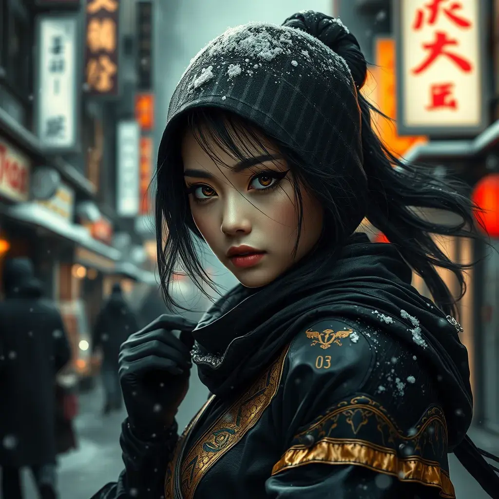 Matte portrait of a mysterious beautiful kunoichi ninja in black and gold wearing eyeliner in the streets of a dark snowy town in tokyo, fluid motion, Intricate, Half Body, Realistic, Sharp Focus, Volumetric Lighting, Elegant by Stanley Artgerm Lau