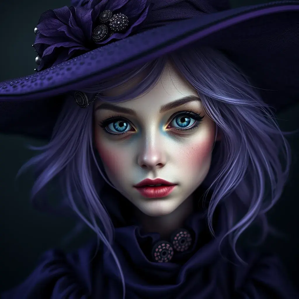 Matte portrait of a mysterious kiki the witch in purple, Intricate, Half Body, Realistic, Sharp Focus, Volumetric Lighting, Elegant