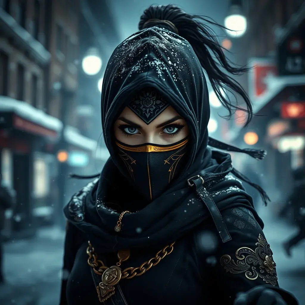 Wallpaper of a mysterious beautiful masked kunoichi ninja wearing eyeliner and gold jewelry in the streets of a dark snowy town in moscow, fluid motion, Highly Detailed, Intricate, Realistic, Sharp Focus, Volumetric Lighting, Fantasy, Elegant