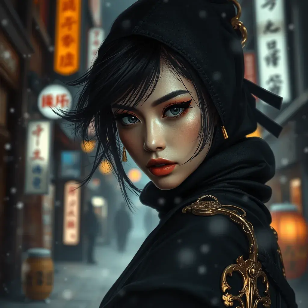 Matte portrait of a mysterious beautiful kunoichi ninja in black and gold wearing eyeliner in the streets of a dark snowy town in tokyo, fluid motion, Intricate, Half Body, Realistic, Sharp Focus, Volumetric Lighting, Elegant by Stanley Artgerm Lau