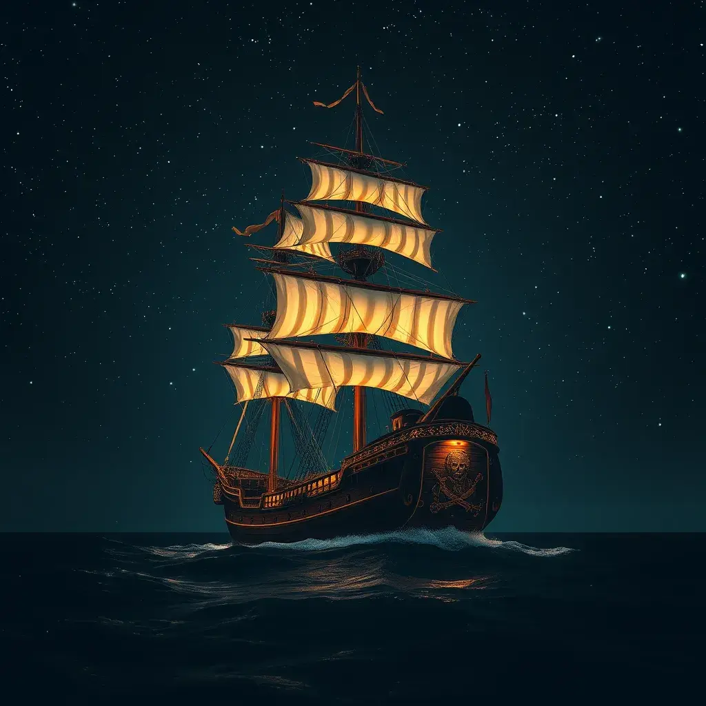 Pirate Ship in high seas on a dark starry night, Intricate, Ultra Detailed, Symmetry, Beautiful, Sharp Focus, Astrophotography, Centered, Volumetric Lighting