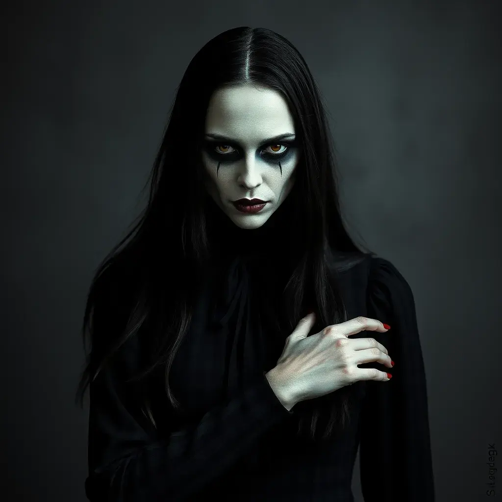 American Gothic Morticia Addams, Gothic and Fantasy, Half Body, Portrait, Threatening by Stefan Kostic