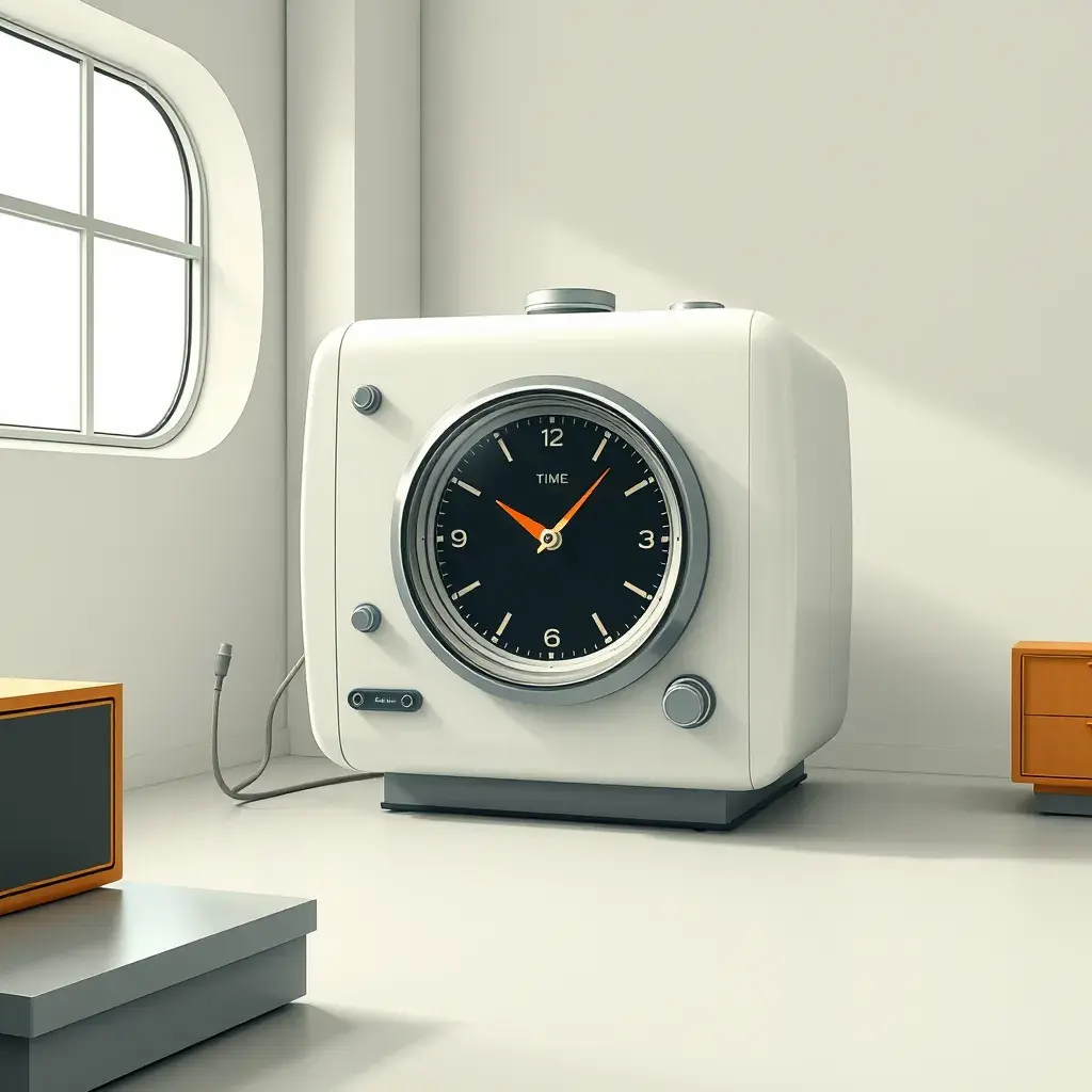 A Time Machine designed by Dieter Rams. stunning industrial design. Natural colors, mid century modern design, Highly Detailed, Vintage Illustration, Retro-Futurism, Sharp Focus, Smooth, Vector Art