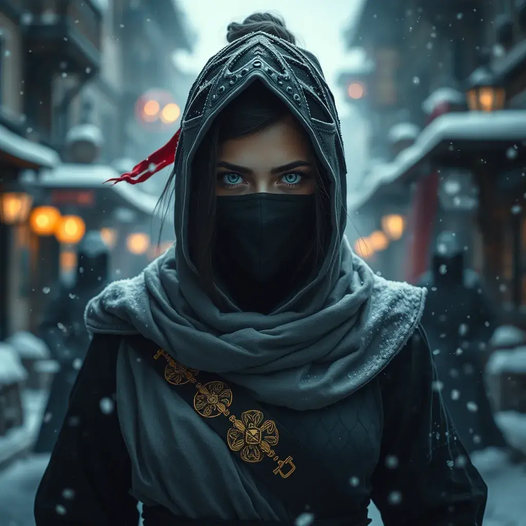 Mysterious beautiful white kunoichi ninja wearing black, red and gold in the streets of a dark snowy town in russia, Intricate Details, Bokeh effect, Photo Realistic, Volumetric Lighting by Greg Rutkowski