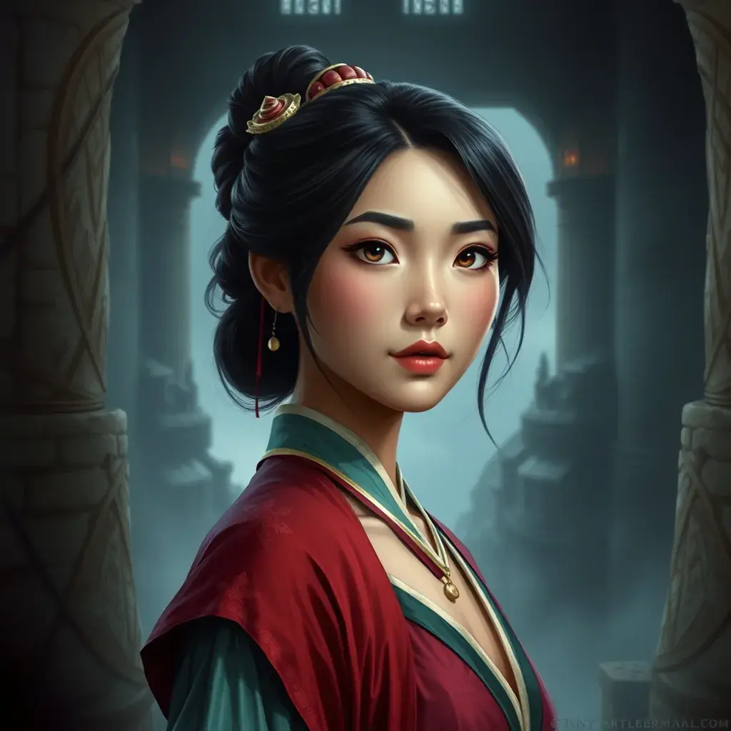 Matte portrait of Mulan inside a castle, Ultra Detailed, Half Body, Beautiful, Matte Painting, Sharp Focus, Portrait, Fantasy by Stanley Artgerm Lau