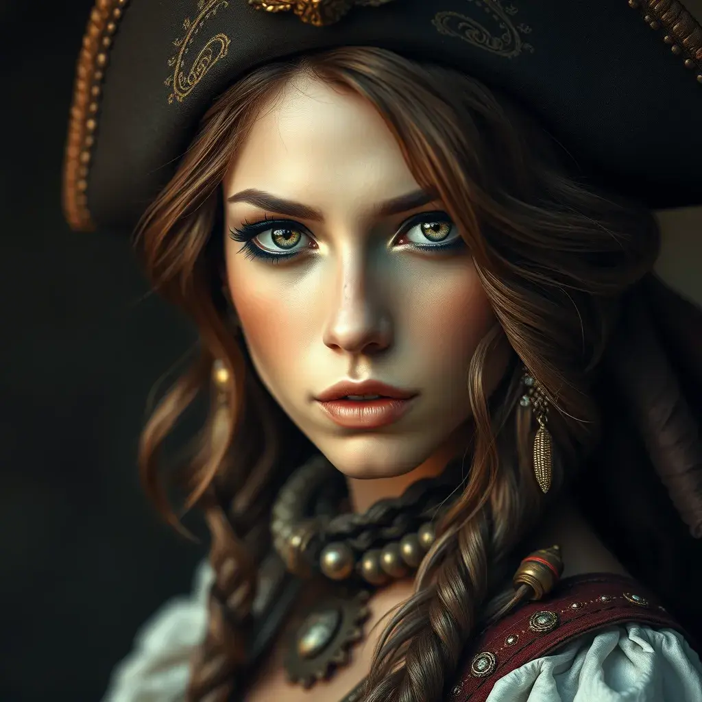 Portrait of a beautiful female Pirate, Highly Detailed, Intricate, Half Body, Realistic, Sharp Focus, Volumetric Lighting, Fantasy, Elegant by Alphonse Mucha