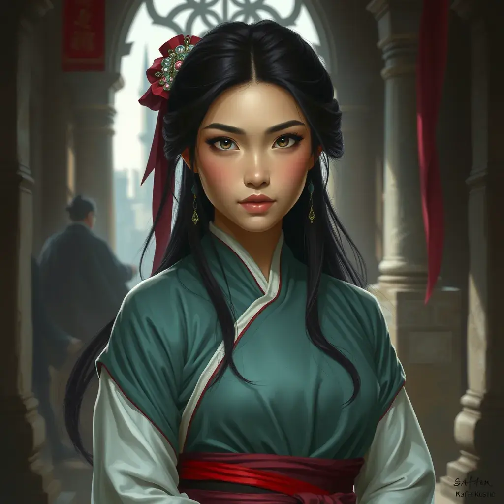 Matte portrait of Mulan inside a castle, Ultra Detailed, Half Body, Beautiful, Matte Painting, Sharp Focus, Portrait, Fantasy by Stefan Kostic