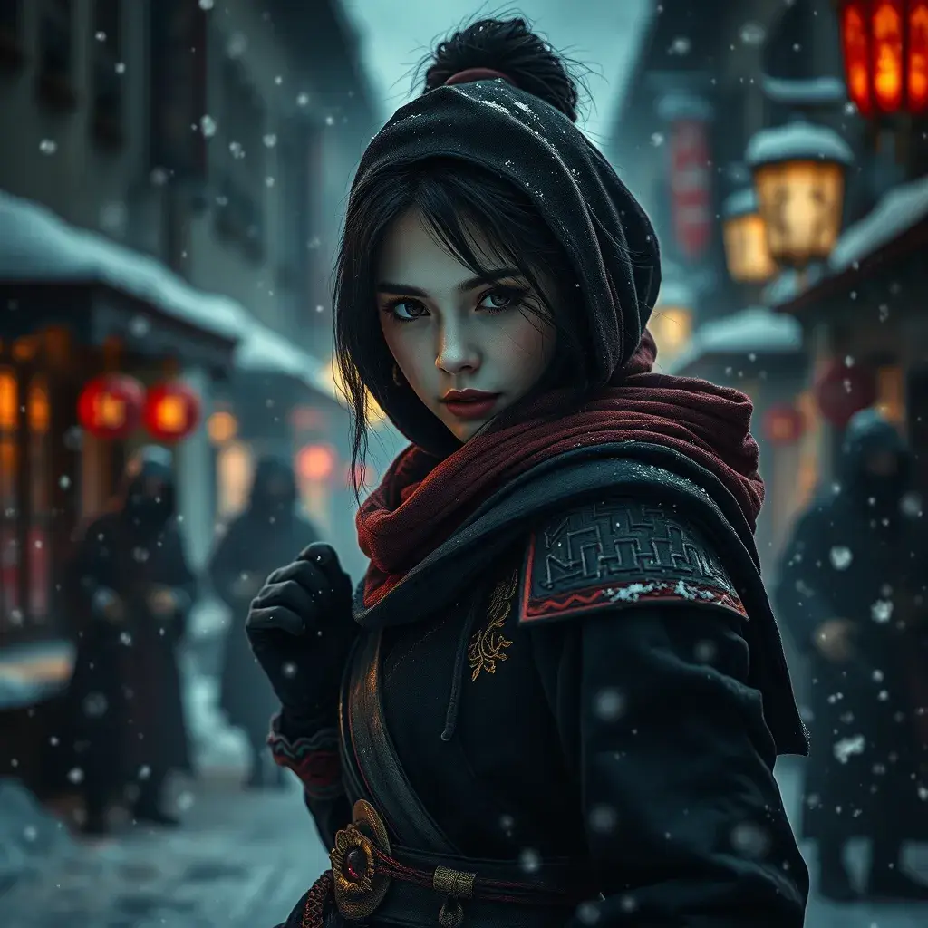 Mysterious beautiful white kunoichi ninja wearing black, red and gold in the streets of a dark snowy town in russia, Intricate Details, Bokeh effect, Photo Realistic, Volumetric Lighting by Greg Rutkowski