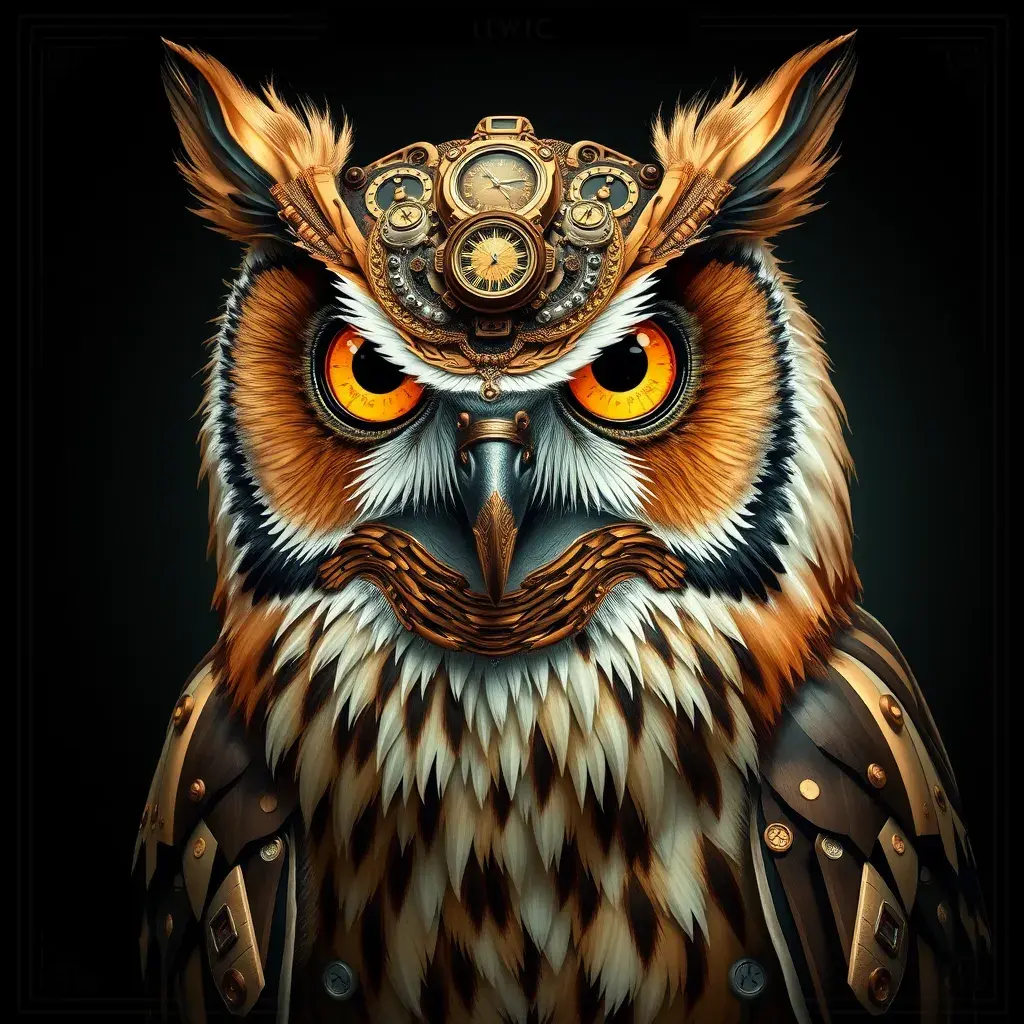 Steampunk portrait of a Owl, inspired by future technology, Highly Detailed, Steampunk