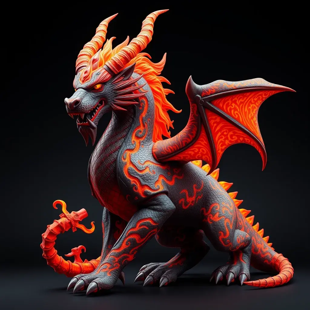 Lavabreath is an ancient war dragon with a grand demeanor and a crown of horns fusion with a god lion with molten lava patterns, Ultra Detailed, Realistic