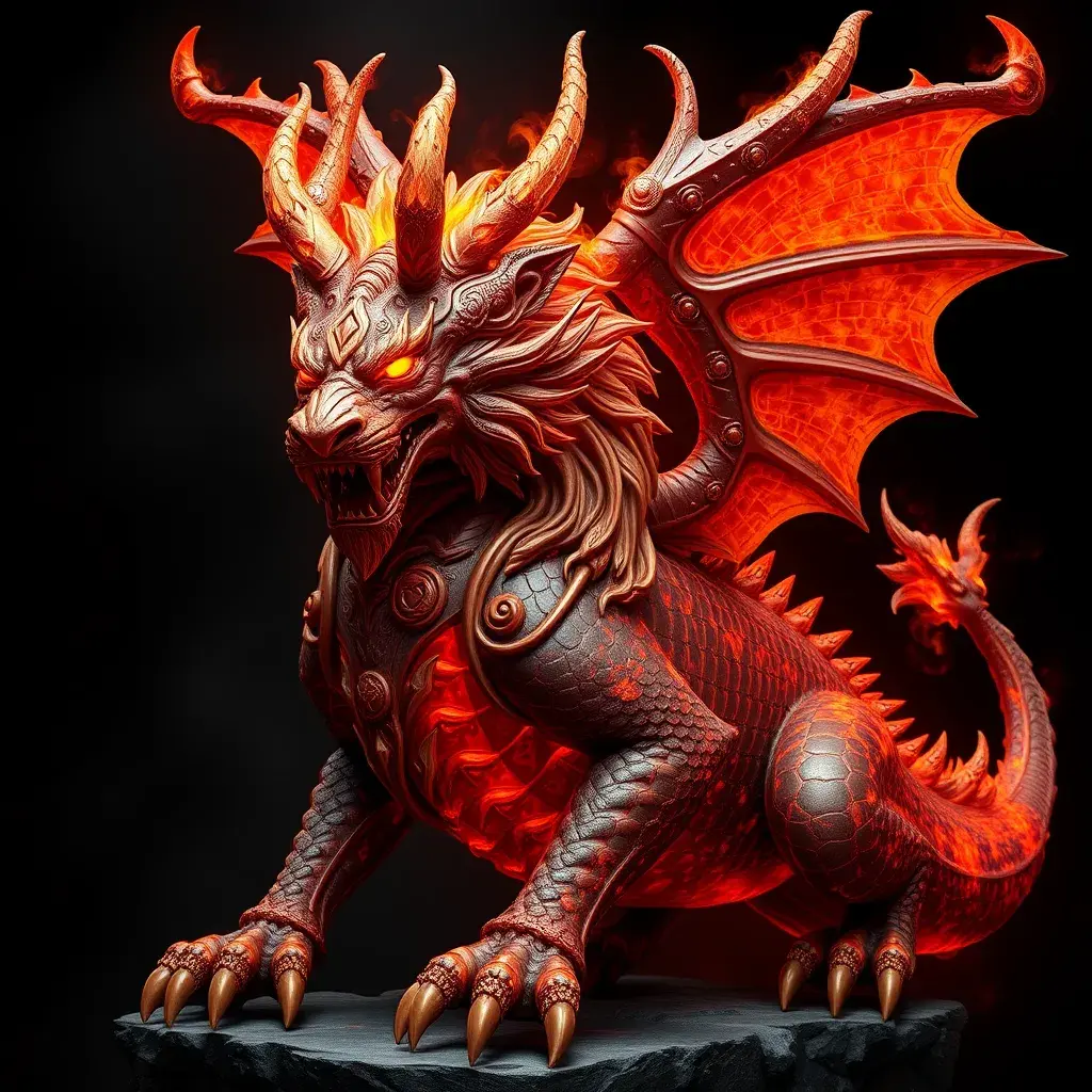 Lavabreath is an ancient war dragon with a grand demeanor and a crown of horns fusion with a god lion with molten lava patterns, Ultra Detailed, Realistic