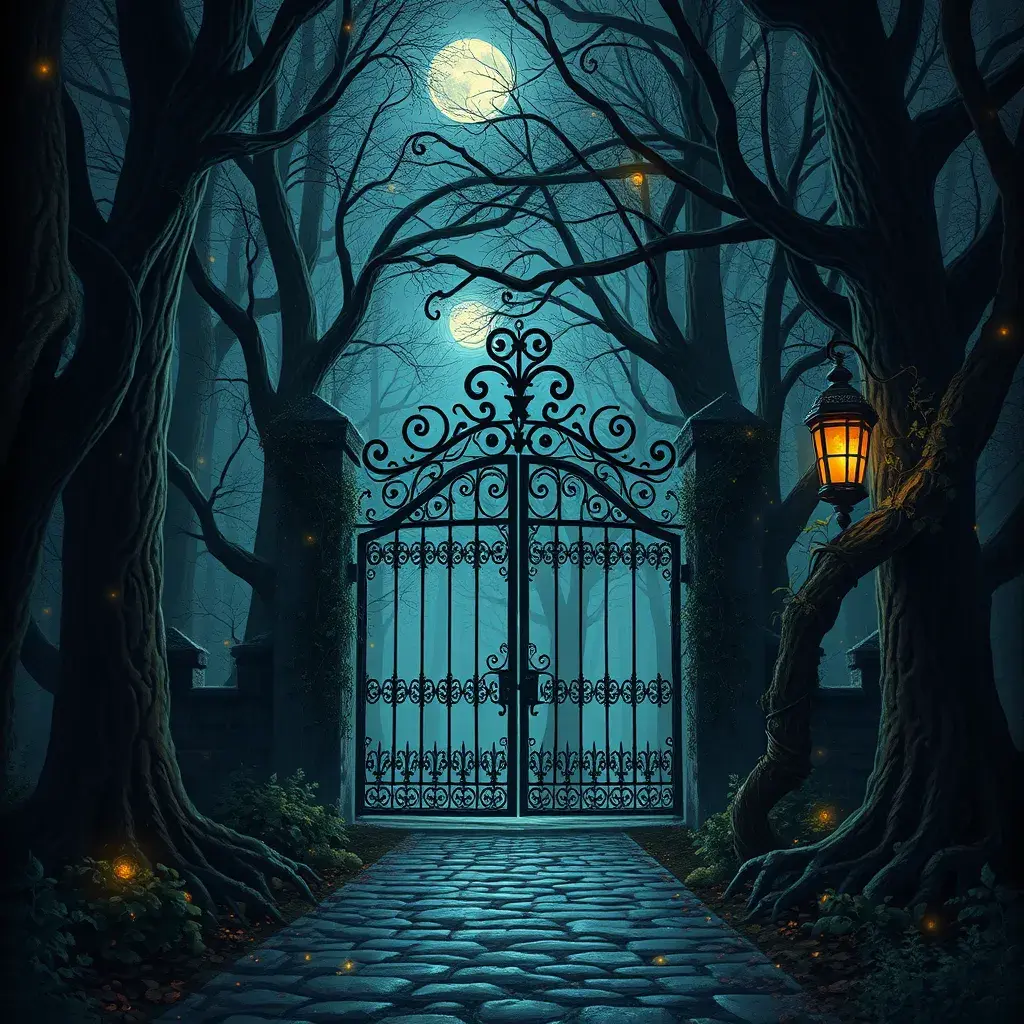 A beautiful digital illustration painting of a detailed gothic fantasy fireflies forest trees and iron gate cobblestone pathway vines full moon, 8k, Artstation, Digital Illustration, Concept Art by Justin Gerard, James Gurney