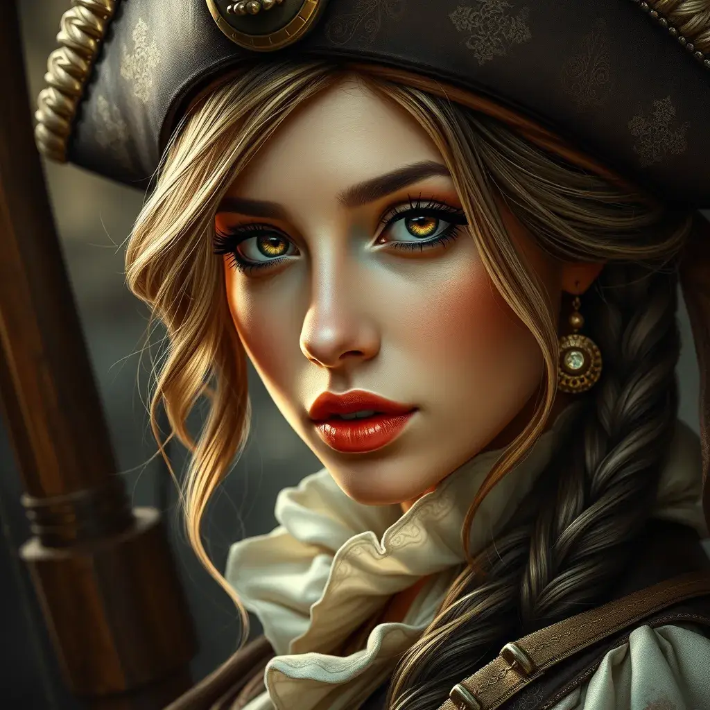 Portrait of a beautiful female Pirate, Highly Detailed, Intricate, Half Body, Realistic, Sharp Focus, Volumetric Lighting, Fantasy, Elegant by Alphonse Mucha