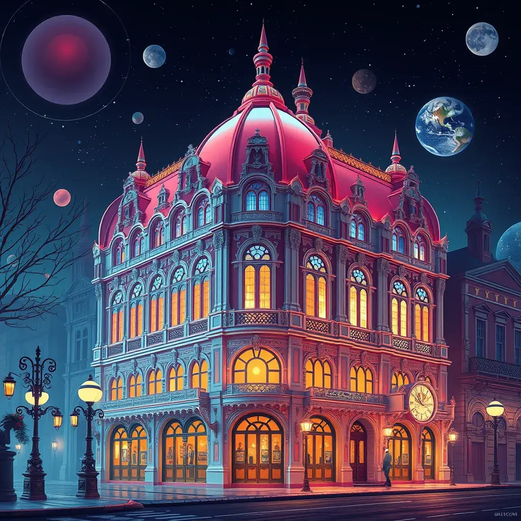 art nuveau exterior fantasy colorful building office space futuristic rococco baroques victorian, Highly Detailed, Masterpiece, Vintage Illustration, Cinematic Lighting, Photo Realistic, Sharp Focus, Smooth, Digital Art, Vector Art, Soft