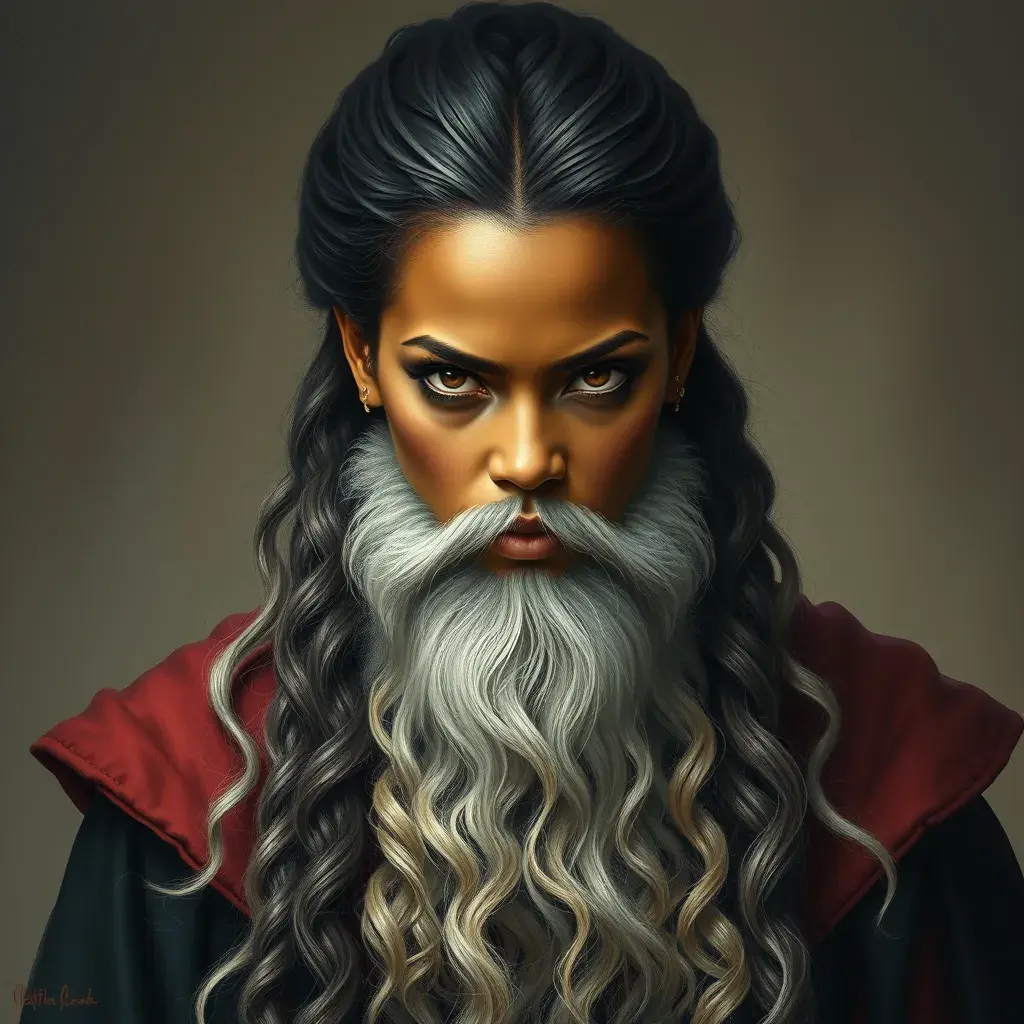 Rihanna as a wizard with a very long beard like Dumbledore, Intricate Artwork, Intricate Details, Half Body, Beautiful, Matte Painting, Sharp Focus, Portrait, Fantasy, Threatening by Stefan Kostic