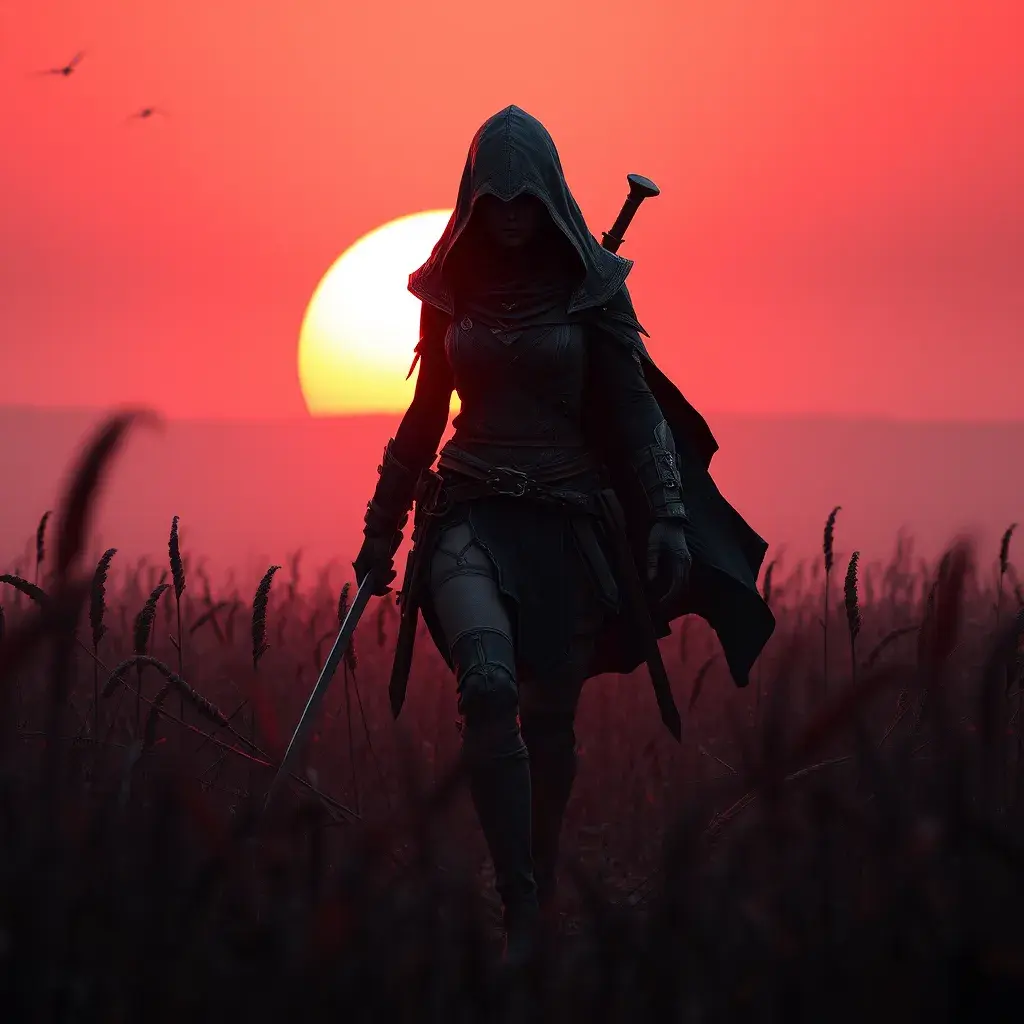 Female assassin creed emerging from a batte field. Sky is colored by a red sun set., Dystopian, Trending on Artstation, Volumetric Lighting