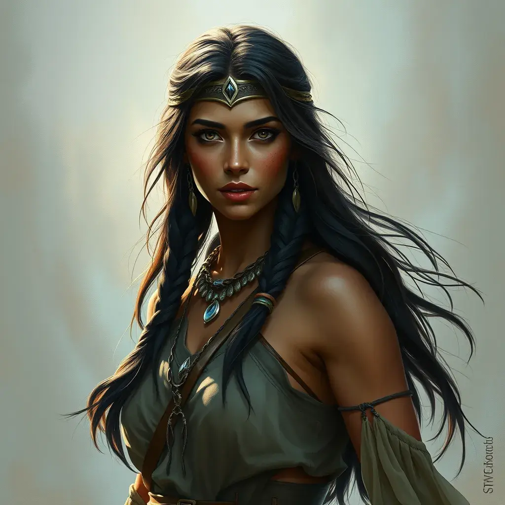 Pocahontas, Ultra Detailed, Half Body, Beautiful, Matte Painting, Sharp Focus, Portrait, Fantasy by Stefan Kostic