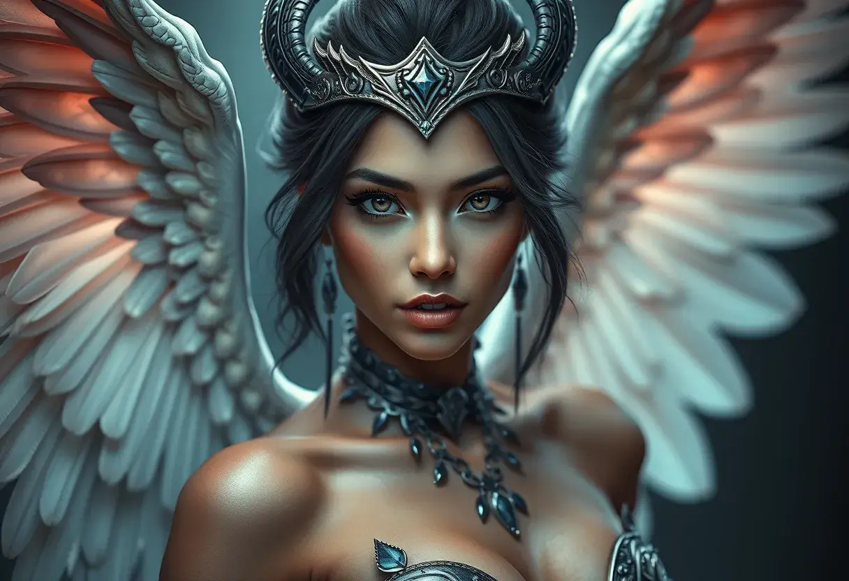 Alluring matte portrait of a beautiful Nidalee with wings, 8k, Highly Detailed, Intricate, Half Body, Realistic, Sharp Focus, Volumetric Lighting, Fantasy, Elegant by Stanley Artgerm Lau, WLOP