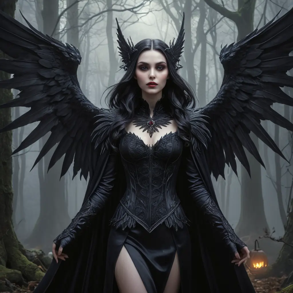 Winged vampiress in a haunted forest, Highly Detailed, Intricate, Gothic, Volumetric Lighting, Fantasy, Dark by Stanley Artgerm Lau