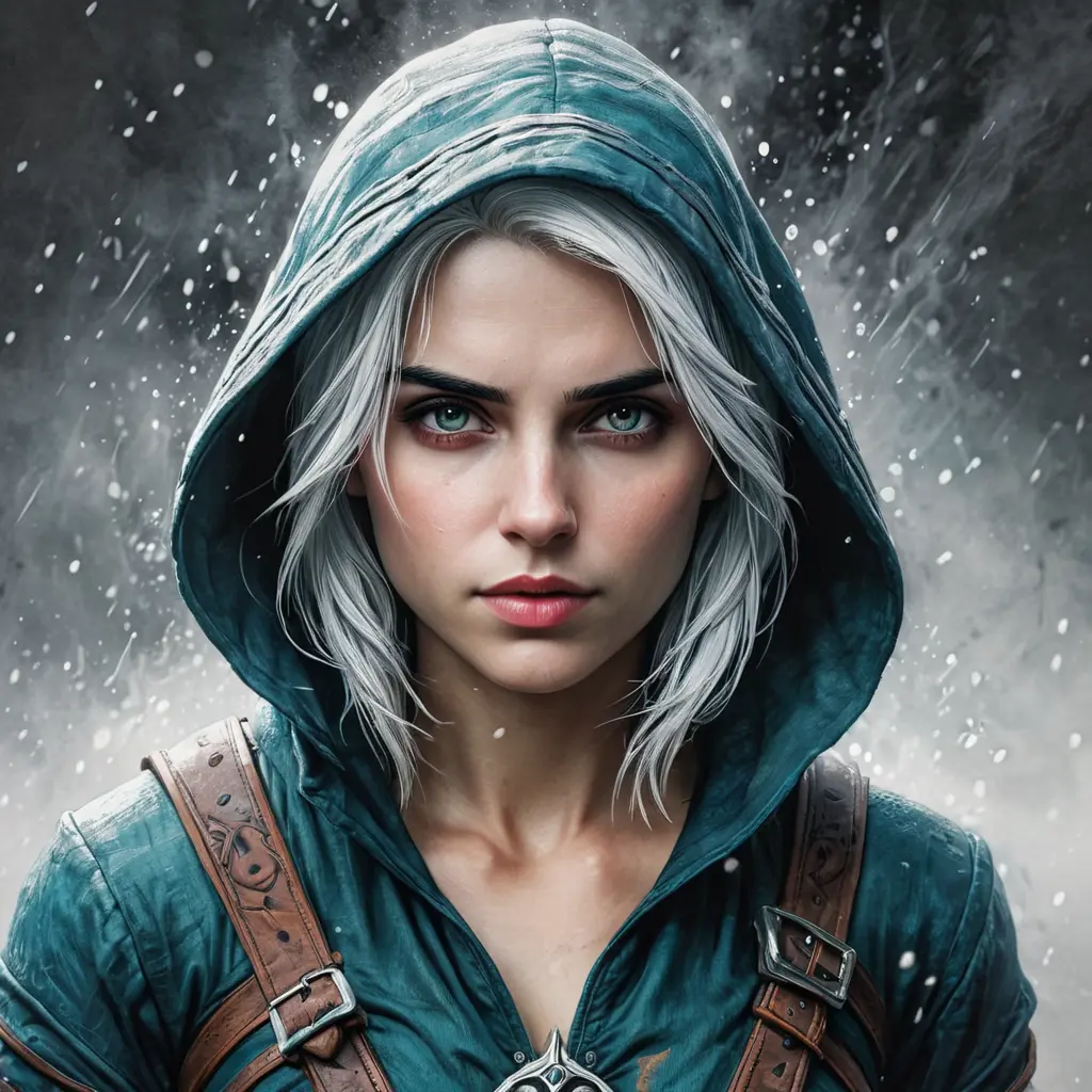 Hooded Ciri from the Witcher emerging from the fog of war, ink splash, Highly Detailed, Vibrant Colors, Ink Art, Fantasy, Dark by Stanley Artgerm Lau