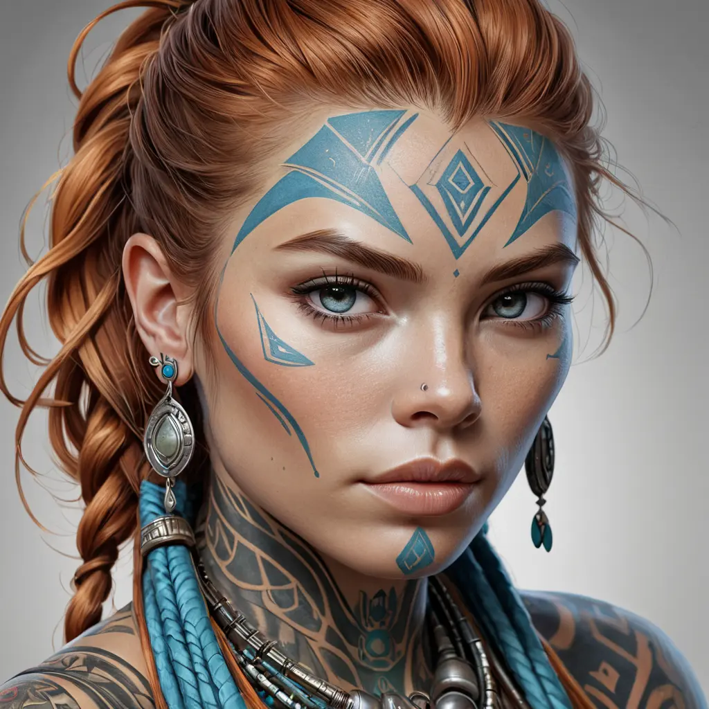 Colorful portrait of a tattooed Aloy with a grey scale face, 4k, Highly Detailed, Hyper Detailed, Powerful, Artstation, Vintage Illustration, Digital Painting, Sharp Focus, Smooth, Concept Art by Stanley Artgerm Lau, Alphonse Mucha, Greg Rutkowski