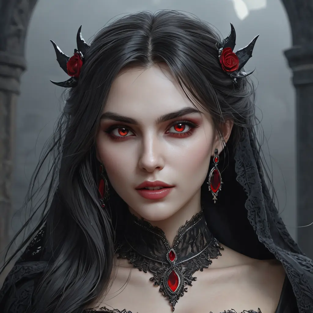 A beautiful romanian vampire woman with penetrating red bright eyes, long fangs, perfect face, 8k, Hyper Detailed, Intricate Details, Masterpiece, Contemporary, Full Body, Trending on Artstation, Gothic, Deviantart, Concept Art by WLOP