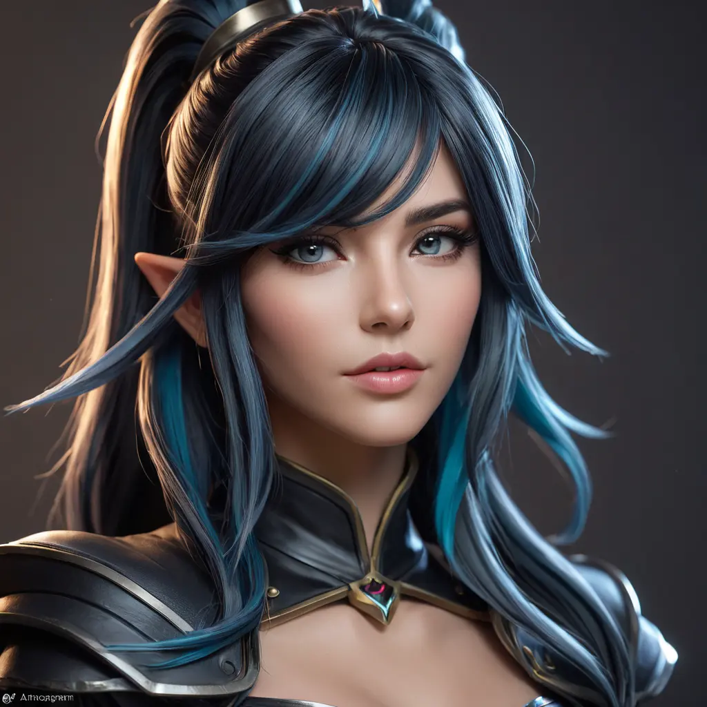 Alluring matte portrait of a beautiful Sona from League of Legends in black leather, 8k, Half Body, Realistic, Volumetric Lighting, Fantasy by Stanley Artgerm Lau, WLOP