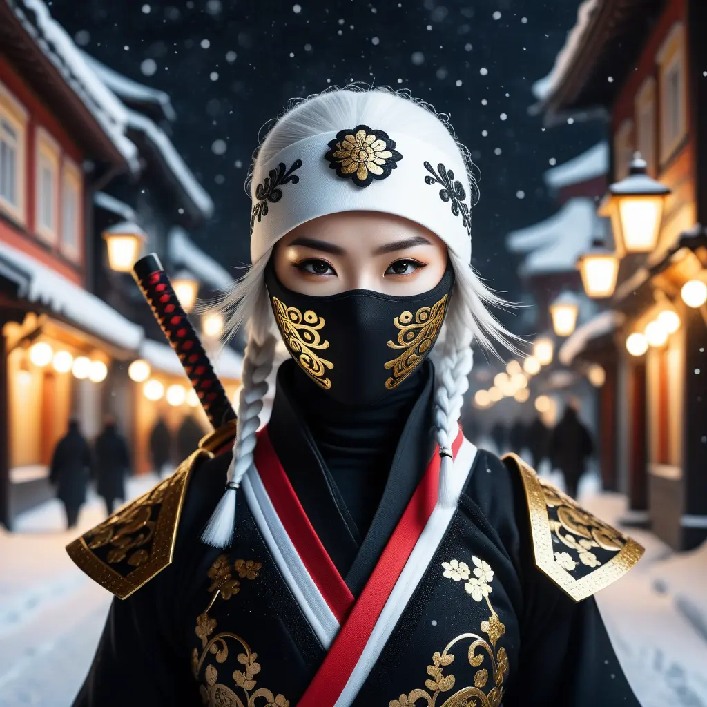 Mysterious beautiful white kunoichi ninja wearing black, red and gold in the streets of a dark snowy town in russia, Intricate Details, Bokeh effect, Photo Realistic, Volumetric Lighting by Stefan Kostic