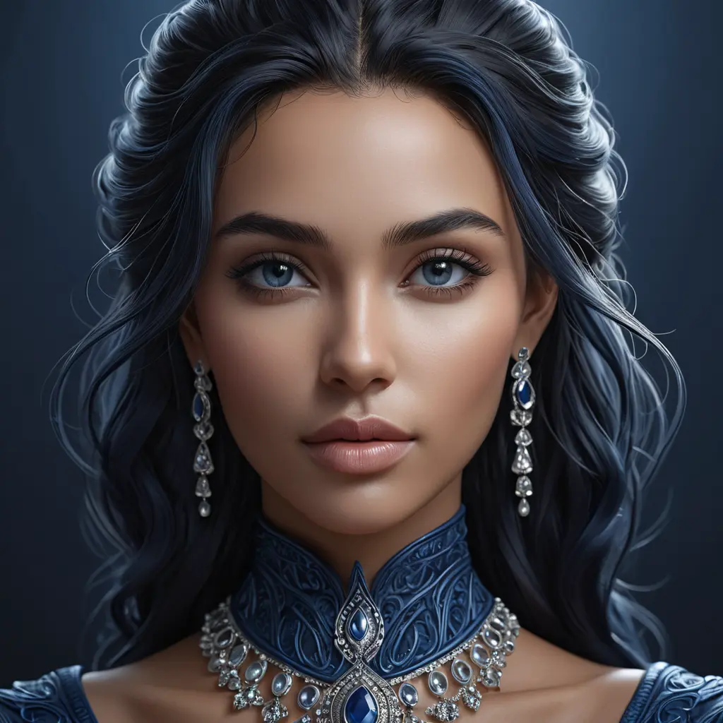 Matte portrait of the beautiful Samira in dark blue, 8k, Highly Detailed, Intricate, Realistic, Sharp Focus, Volumetric Lighting, Fantasy, Elegant by Stanley Artgerm Lau, WLOP, Stefan Kostic