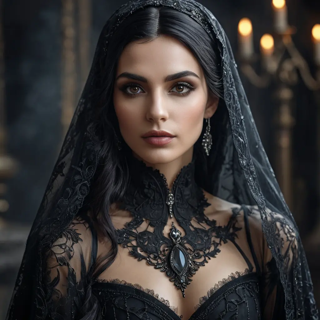 Alluring portrait of a beautiful raven black haired veiled vampire in the style of Stefan Kostic, 8k, High Definition, Highly Detailed, Intricate, Half Body, Realistic, Sharp Focus, Fantasy, Elegant