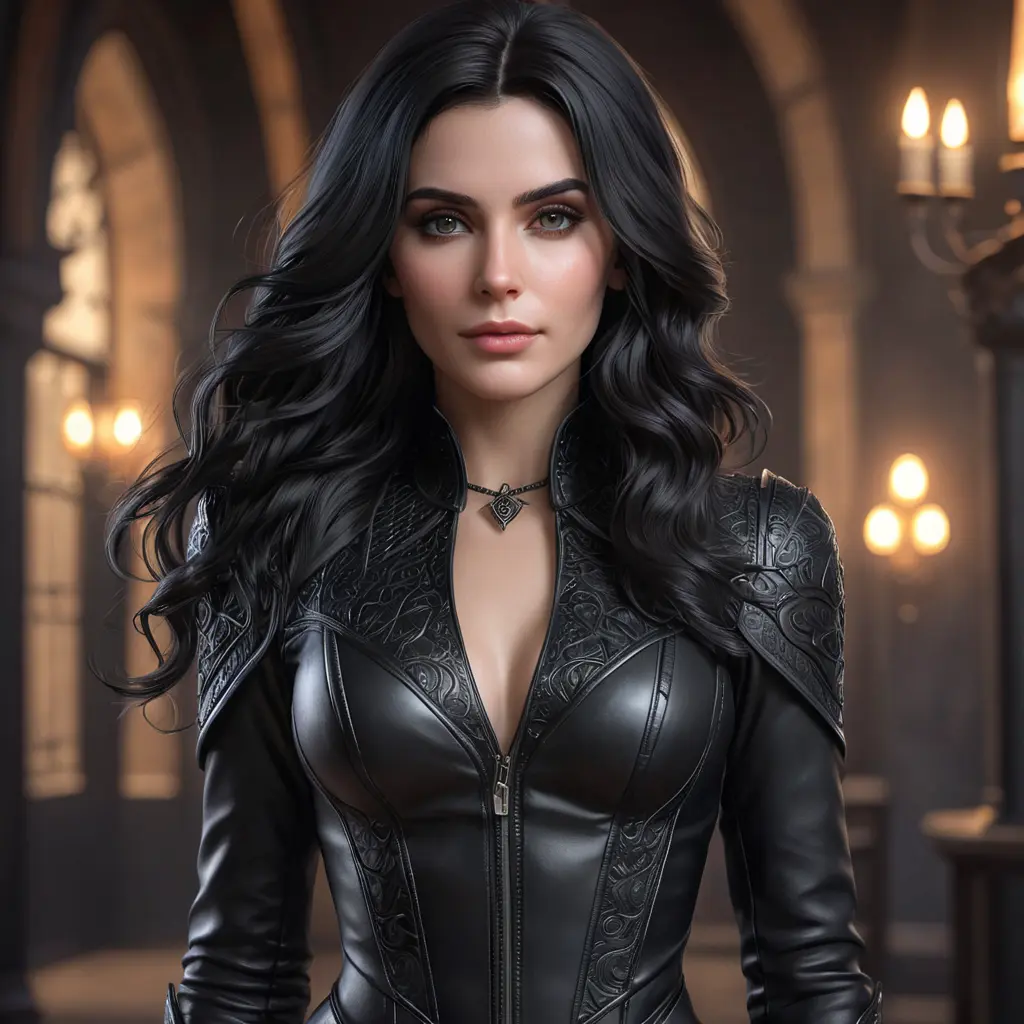 Alluring matte portrait of a beautiful Yennefer wearing a black leather full body suit, 8k, Highly Detailed, Intricate, Realistic, Sharp Focus, Volumetric Lighting, Fantasy, Elegant by Stanley Artgerm Lau, WLOP