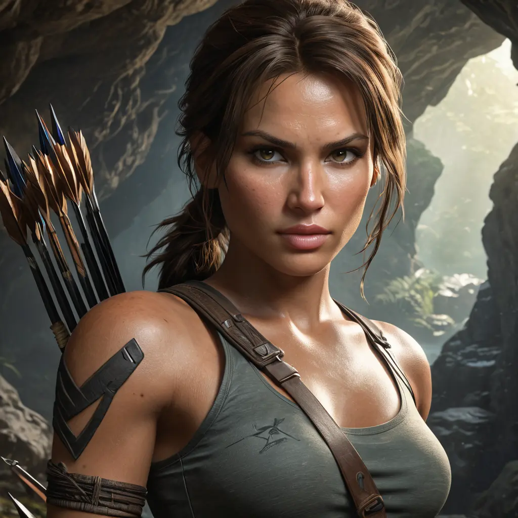 Matte portrait of a beautiful Lara Croft in a cave with arrows, 8k, Highly Detailed, Intricate, Realistic, Sharp Focus, Volumetric Lighting, Fantasy, Elegant by Stanley Artgerm Lau, WLOP