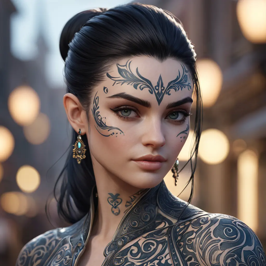 Close up of Morgana with tattoos, 8k, Highly Detailed, Artstation, Bokeh effect, Sharp Focus, Volumetric Lighting, Concept Art by Stanley Artgerm Lau, Greg Rutkowski