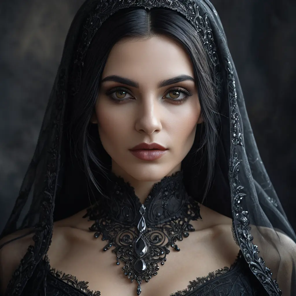 Alluring portrait of a beautiful raven black haired veiled vampire in the style of Stefan Kostic, 8k, High Definition, Highly Detailed, Intricate, Half Body, Realistic, Sharp Focus, Fantasy, Elegant