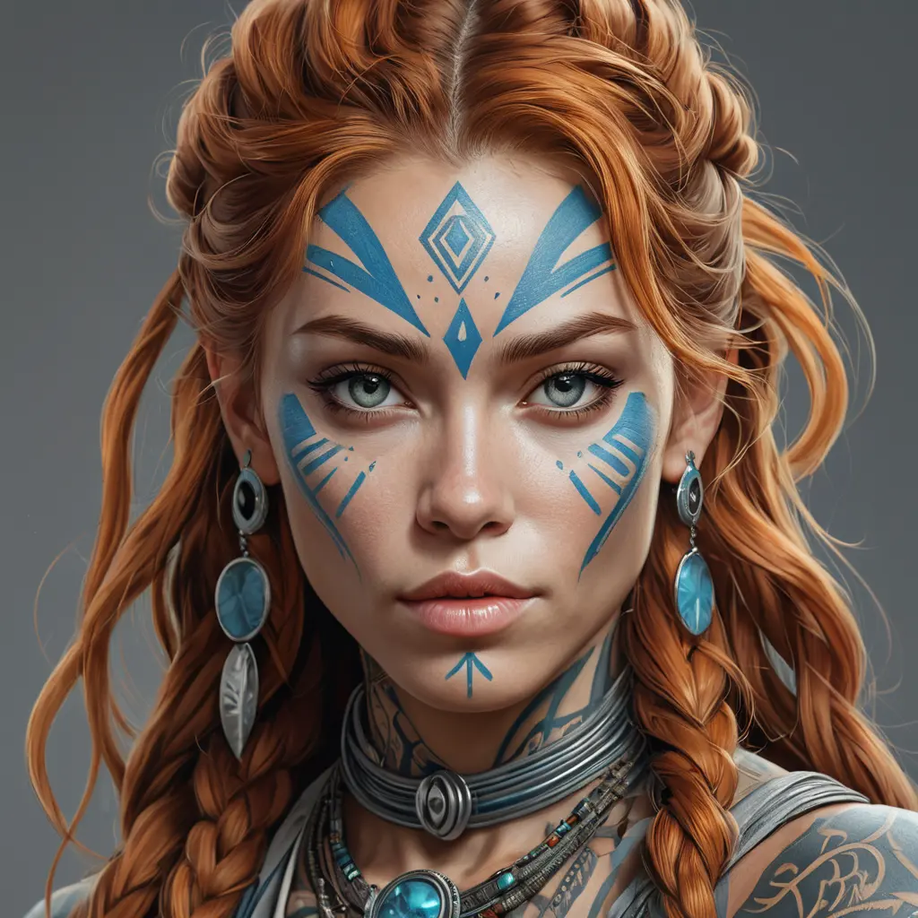 Colorful portrait of a tattooed Aloy with a grey scale face, 4k, Highly Detailed, Hyper Detailed, Powerful, Artstation, Vintage Illustration, Digital Painting, Sharp Focus, Smooth, Concept Art by Stanley Artgerm Lau, Alphonse Mucha, Greg Rutkowski