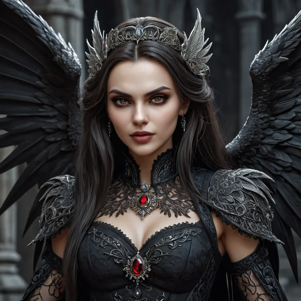 A beautiful winged romanian vampire woman with penetrating eyes, fangs, perfect face, 8k, Hyper Detailed, Intricate Details, Masterpiece, Contemporary, Full Body, Trending on Artstation, Gothic, Deviantart, Concept Art by Stefan Kostic