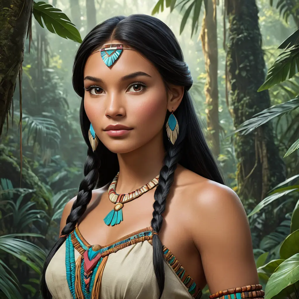 Matte portrait of Disney's Pocohontas in a jungle, Ultra Detailed, Half Body, Beautiful, Matte Painting, Sharp Focus, Portrait, Fantasy by Stanley Artgerm Lau